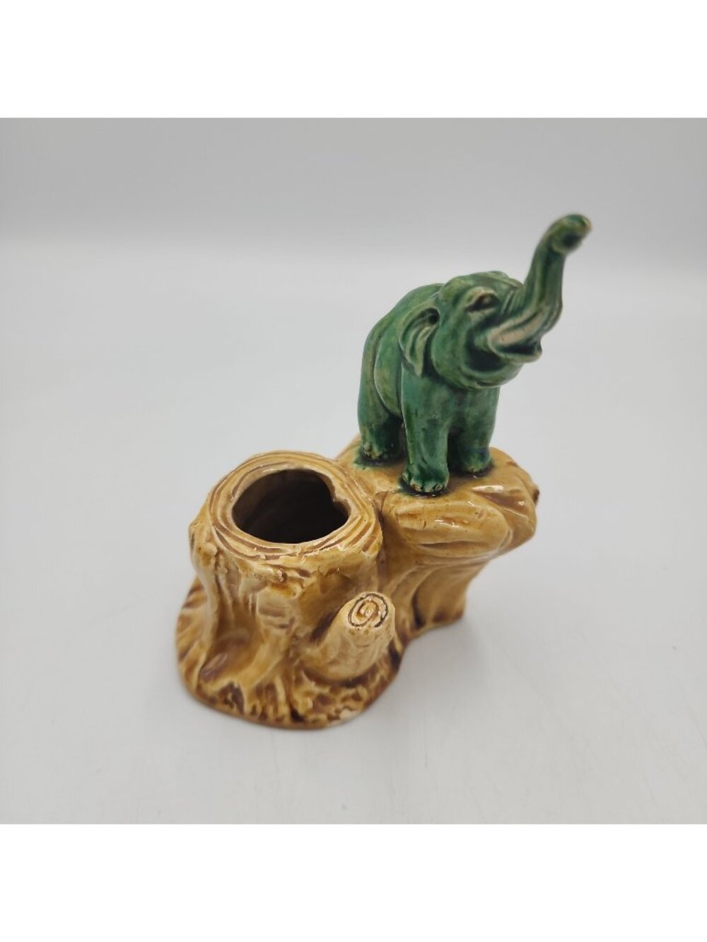 Vintage Elephant Bamboo Ceramic Vase Candle Toothpick Planter Green Trunk Up 4"